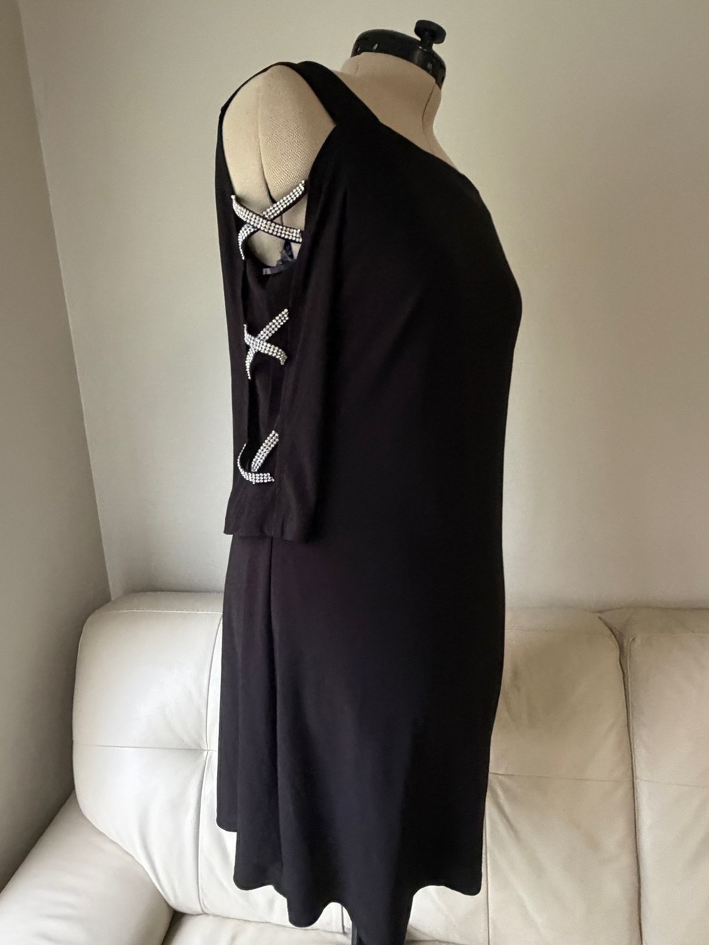 Black Cold-Shoulder Dress with Rhinestone Bow Detail